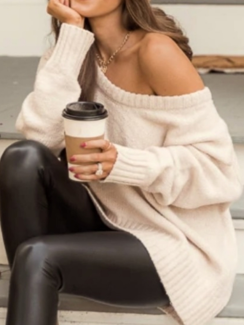 Caitlin Covington x Pink Lily Kelsey Sweater Taupe Wide Neck Off Shoulder Soft M - Picture 2 of 9